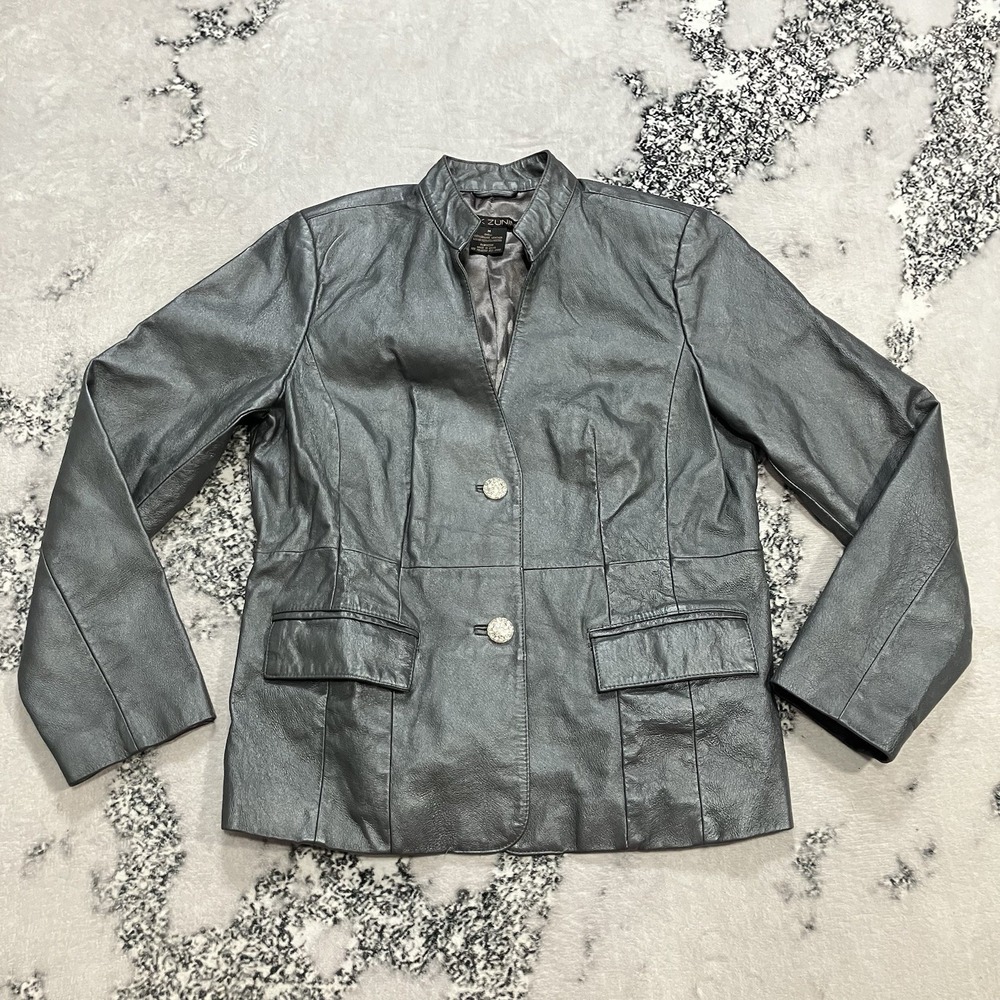 Mark Zunino Leather Jacket Women Medium Gray Genuine‎ Leather Blazer Coat